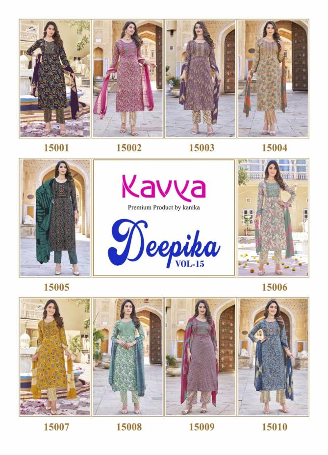 Deepika Vol 15 By Kavya Straight Cut Embroidery Kurti With Bottom Dupatta Wholesale Price In Surat
